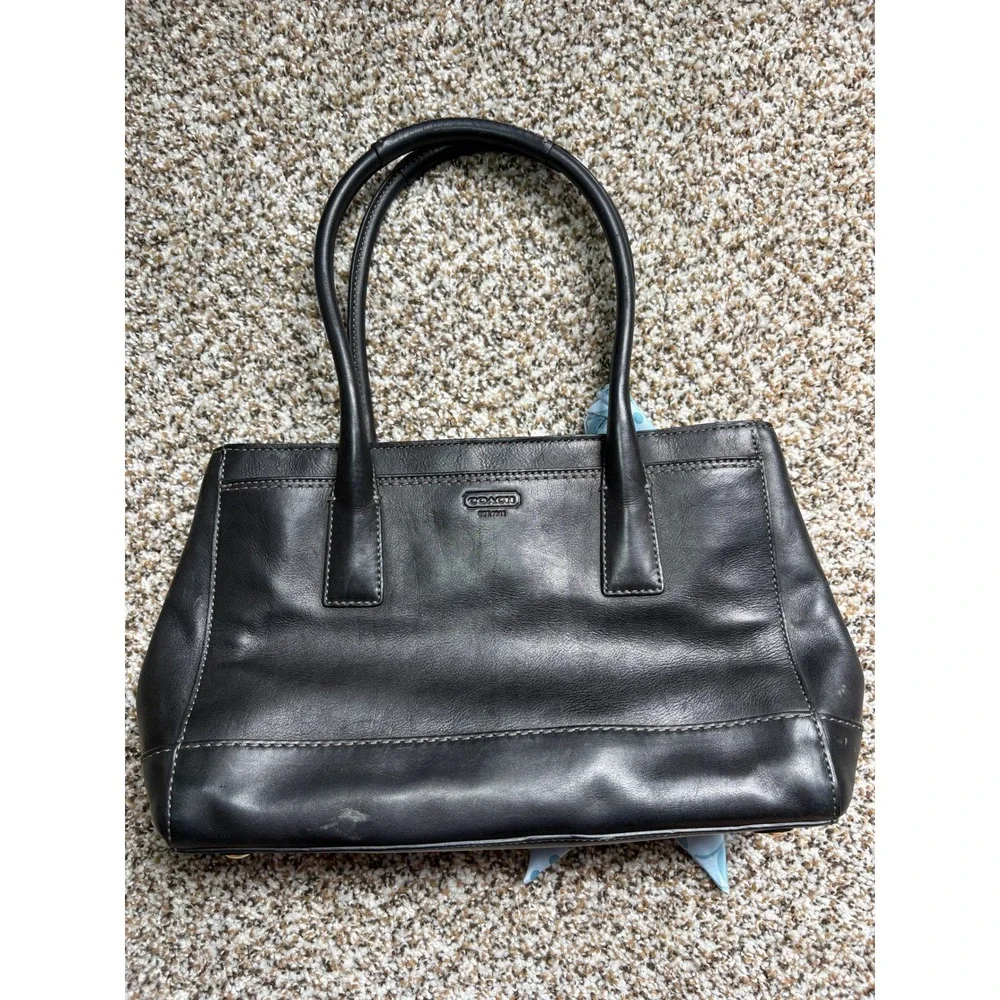 Coach Madeline Shoulder Leather Tote Bag Medium Black Turnlock Blue Scarf 11555